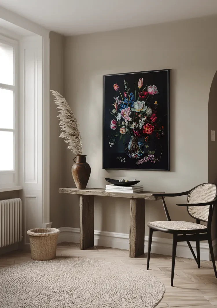 Buntes Blumenstrauß Glasvase Dunkler Hintergrund Gemälde