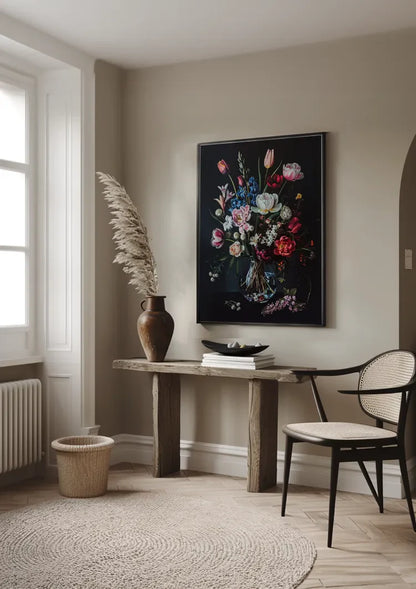 Buntes Blumenstrauß Glasvase Dunkler Hintergrund Gemälde