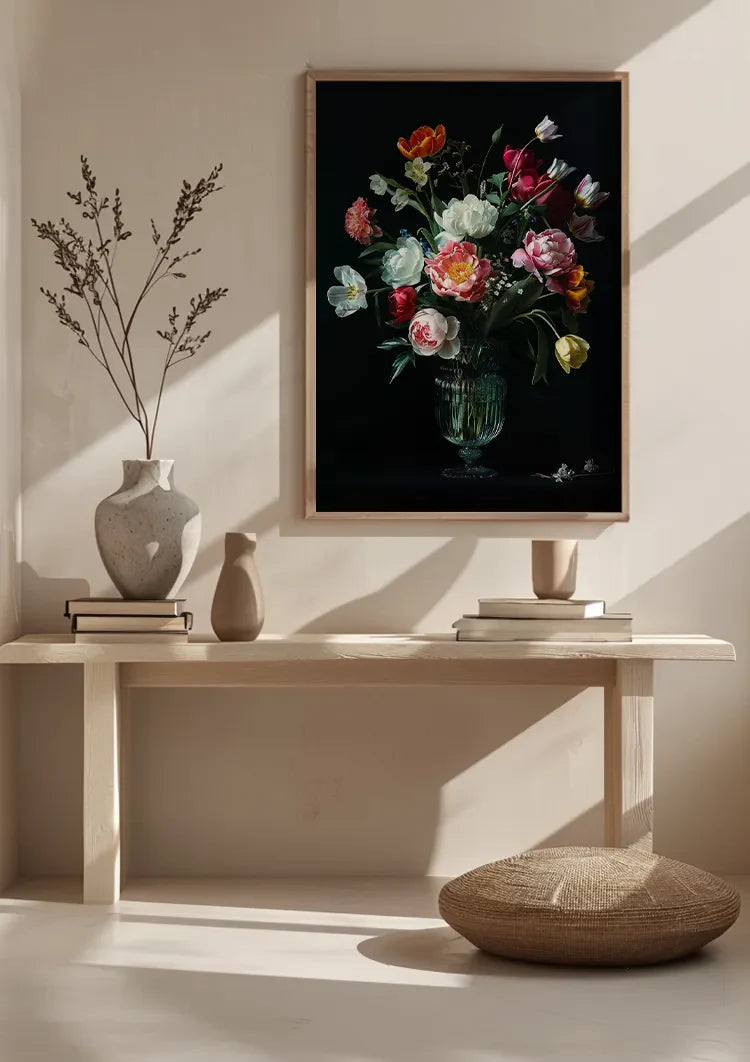 Lush Flower Bouquet White Pink Red Glass Vase Dark Painting