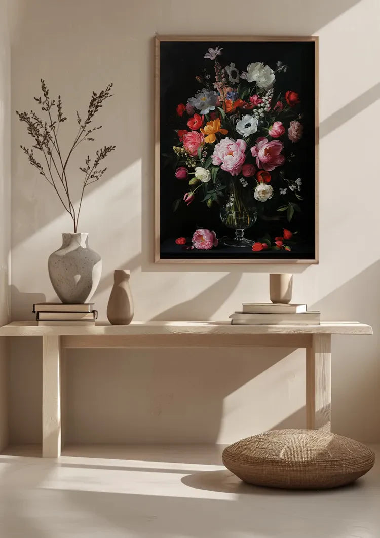 Rosen Pfingstrosen und Anemonen Glasvase Dunkler Hintergrund Gemälde