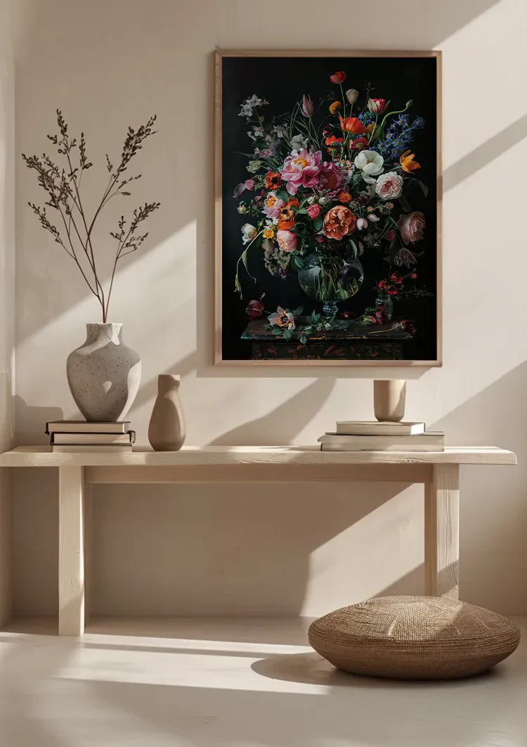 Bunte Blumenexplosion Pfingstrosen Tulpen Glasvase Dunkles Gemälde