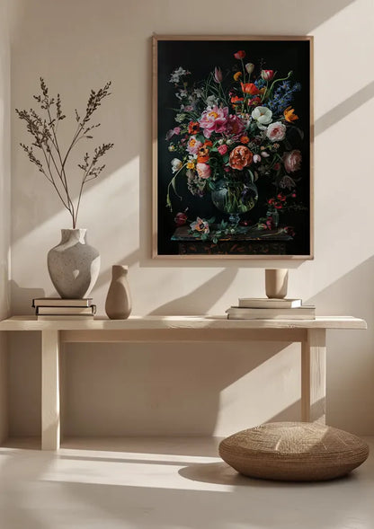 Bunte Blumenexplosion Pfingstrosen Tulpen Glasvase Dunkles Gemälde