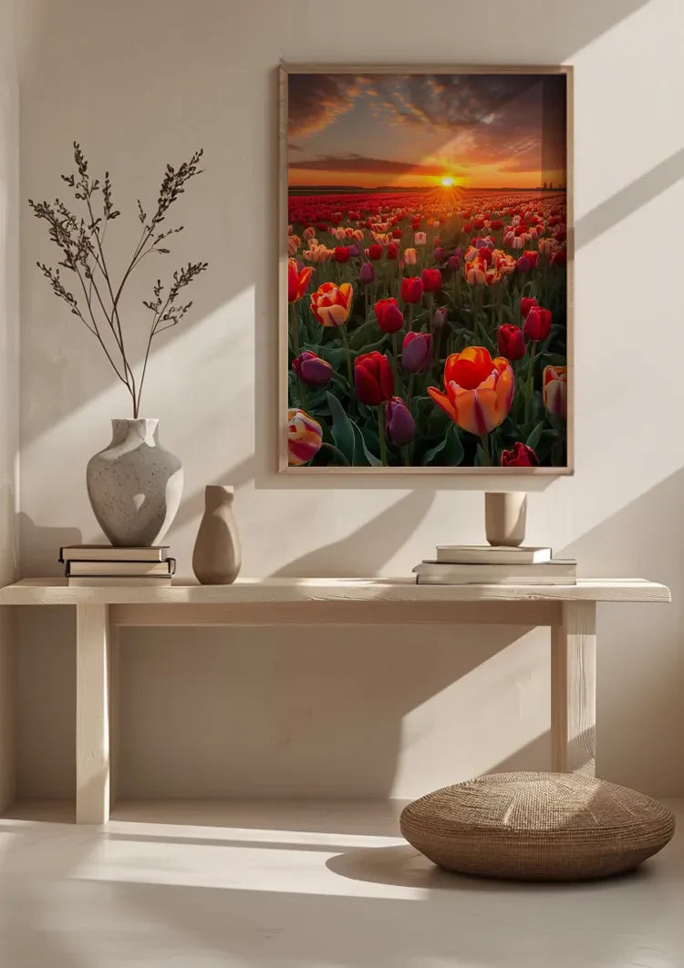Farbenfrohes Tulpenfeld bei Sonnenuntergang Rote Orange Violette Blumen Gemälde