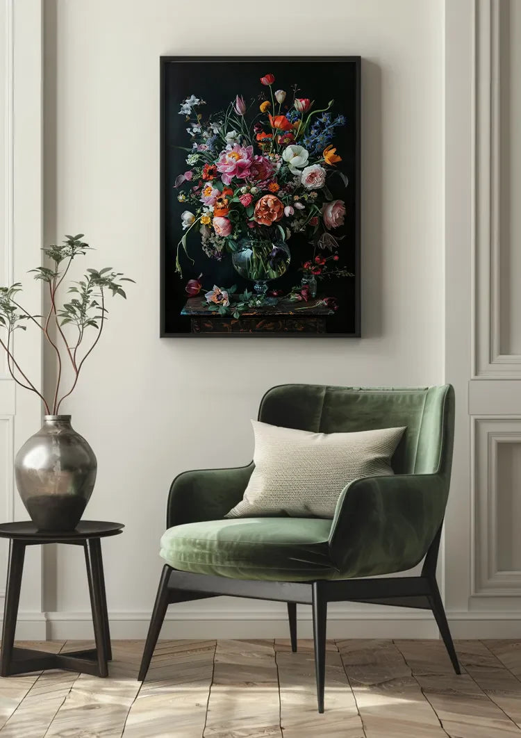 Bunte Blumenexplosion Pfingstrosen Tulpen Glasvase Dunkles Gemälde