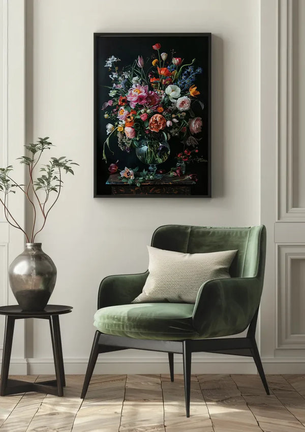 Bunte Blumenexplosion Pfingstrosen Tulpen Glasvase Dunkles Gemälde