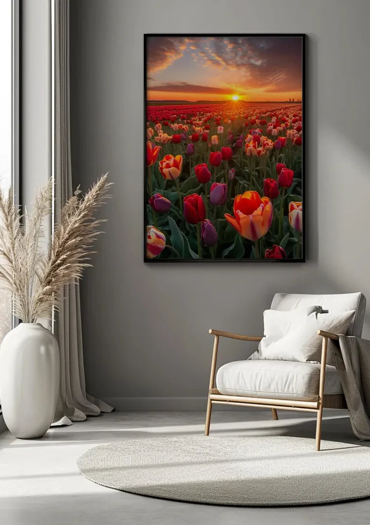 Farbenfrohes Tulpenfeld bei Sonnenuntergang Rote Orange Violette Blumen Gemälde