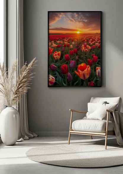 Farbenfrohes Tulpenfeld bei Sonnenuntergang Rote Orange Violette Blumen Gemälde