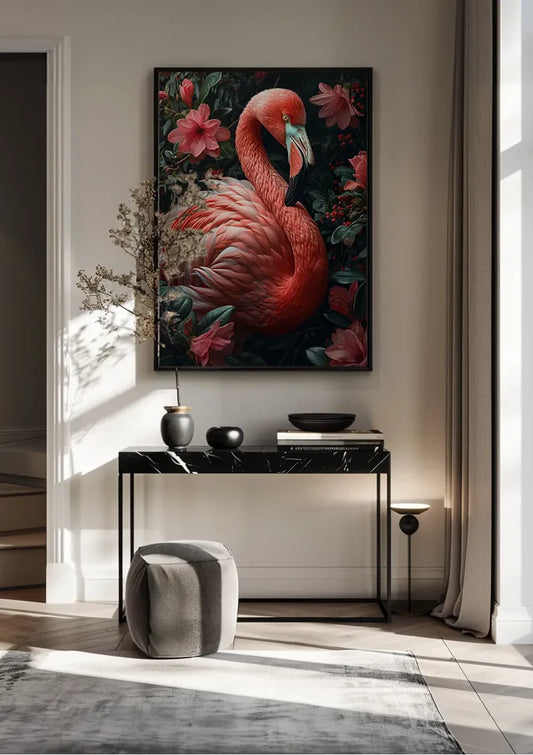 Roze flamingo canvas schilderij aan de muur boven het bed in de slaapkamer
