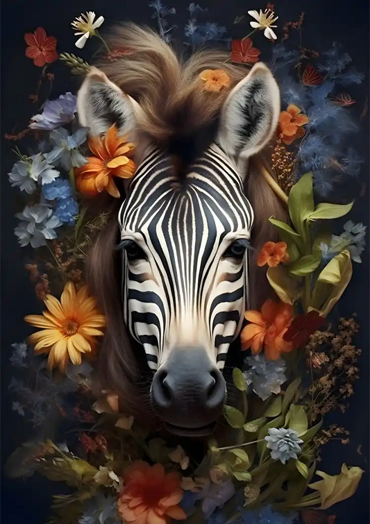 Zebra portret canvas schilderij met kleurrijke bloemen op een donkere achtergrond