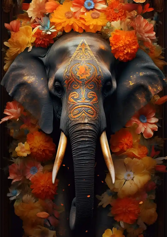 Versierde olifant canvas schilderij in oranje en blauwe tinten