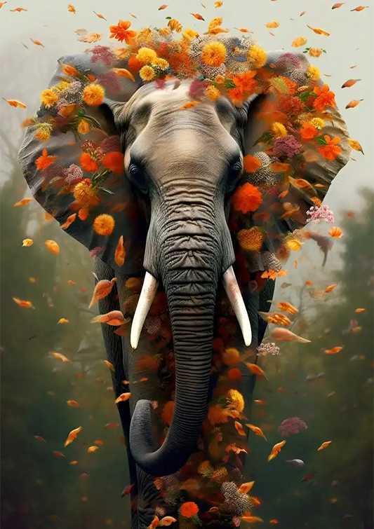 Surreale olifant canvas schilderij met oranje bloemenkrans