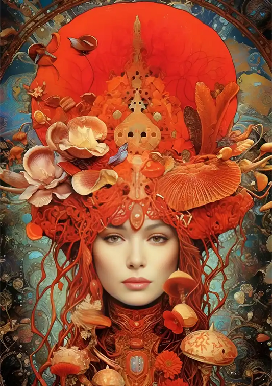 Mushroom Queen Red Regalia Fantasy Woman Portrait Painting