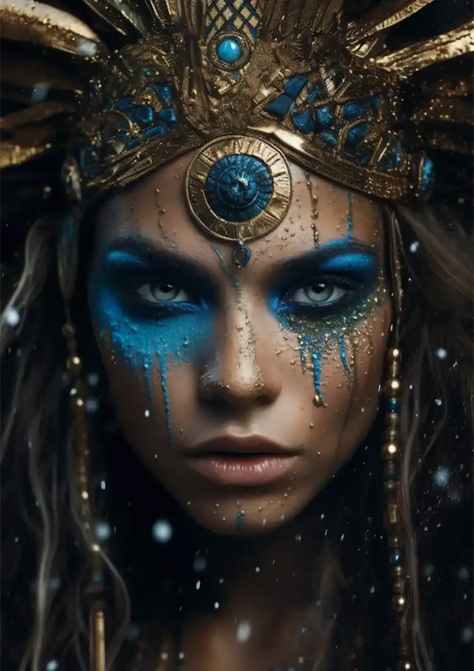Strijdster Blauw Goud Hoofdtooi Dramatisch Portret Schilderij