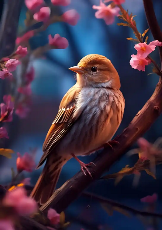Vogeltje roze bloesem canvas schilderij in blauw en roze tinten