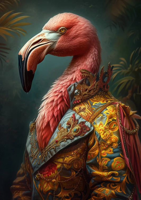 Flamingo in een gouden jas canvas schilderij in goud en donkergroen, een koninklijke stijl