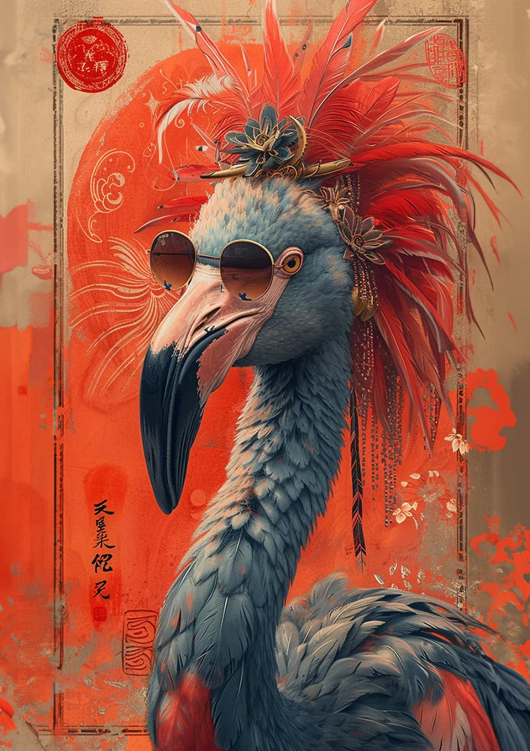 Flamboyante Flamingo Sonnenbrille Rote Federn Asiatischer Hintergrund Pop-Art-Gemälde