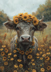Koe Met Zonnebloemen Krans Gouden Veld Dromerig Schilderij