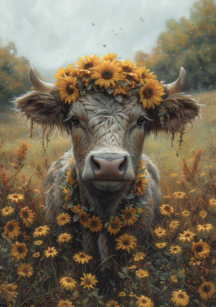 Koe Met Zonnebloemen Krans Gouden Veld Dromerig Schilderij