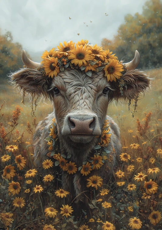 Koe Met Zonnebloemen Krans Gouden Veld Dromerig Schilderij