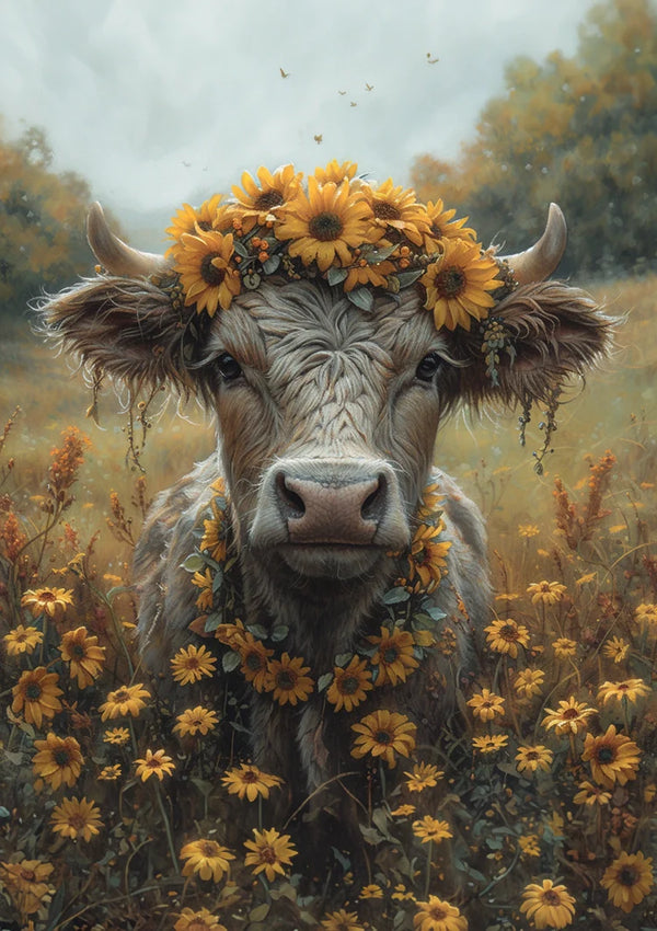 Koe Met Zonnebloemen Krans Gouden Veld Dromerig Schilderij