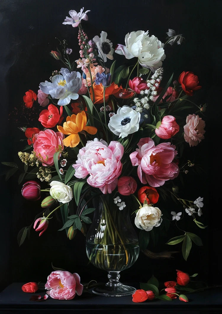 Rosen Pfingstrosen und Anemonen Glasvase Dunkler Hintergrund Gemälde