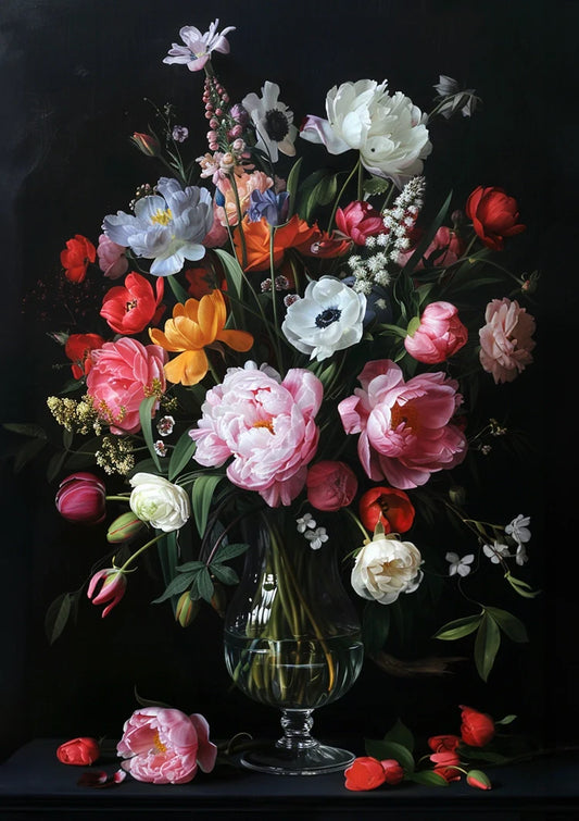 Roses Peonies and Anemones Glass Vase Dark Background Painting