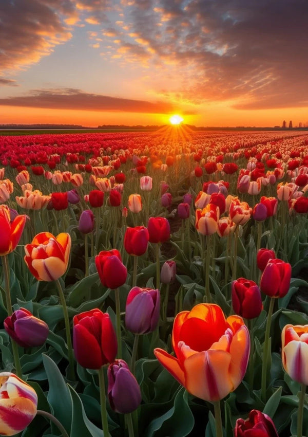 Farbenfrohes Tulpenfeld bei Sonnenuntergang Rote Orange Violette Blumen Gemälde