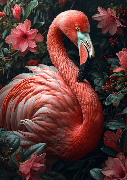 Rosa Flamingo umgeben von tropischen Blumen und Blättern Gemälde