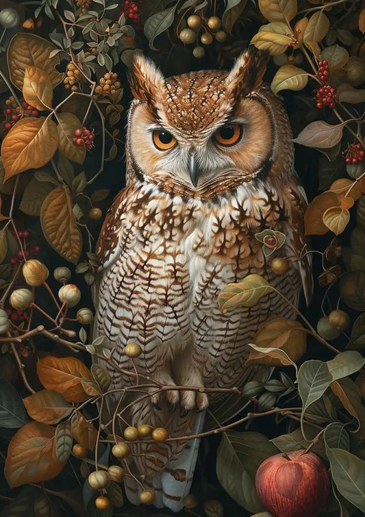 Uil met herfstbladeren canvas schilderij tussen bessen en appels