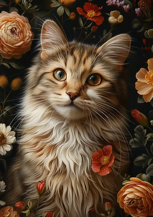 Pluizige kat tussen rozen canvas schilderij in gele, rode en groene tinten