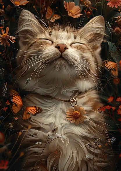 Sleeping Fluffy Cat Surrounded By Flowers Butterflies Painting