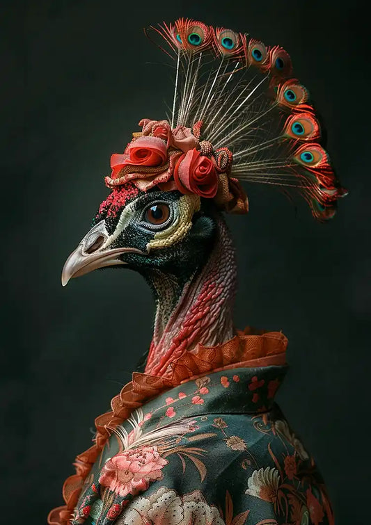 Sierlijke vogel canvas schilderij in rood en groen, donker portret