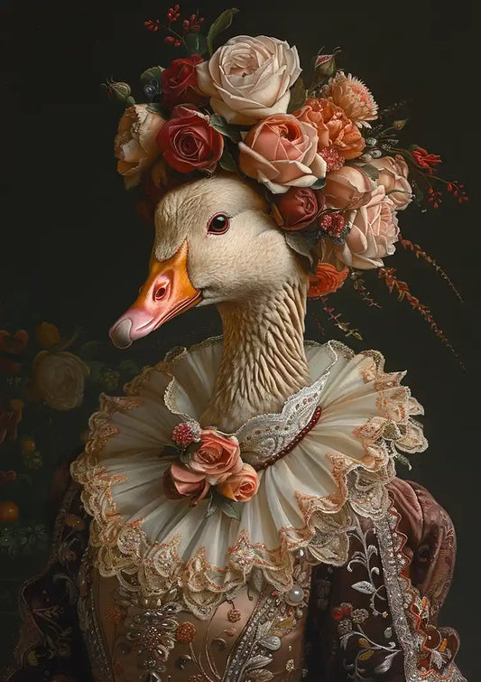 Gans in kostuum canvas schilderij met kanten kraag en een bloemenhoed vol rozen