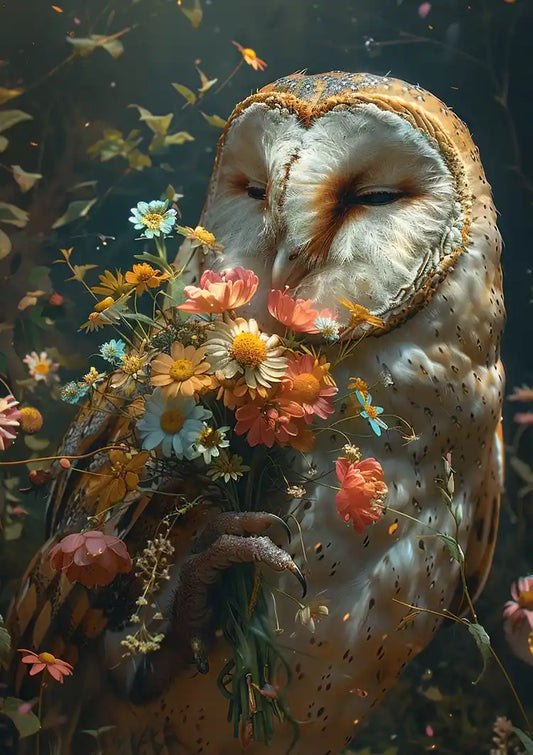 Kerkuil Met Kleurrijke Bloemen Boeket Botanische Sfeer Schilderij