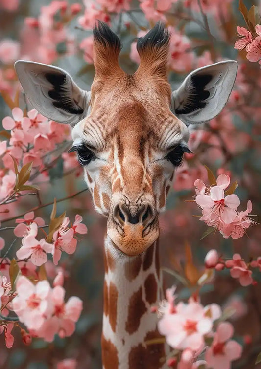 Giraffe canvas schilderij in roze en groen, dierenportret