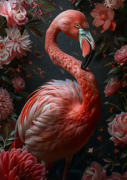 Elegante flamingo tussen roze bloemen canvas schilderij in roze tinten