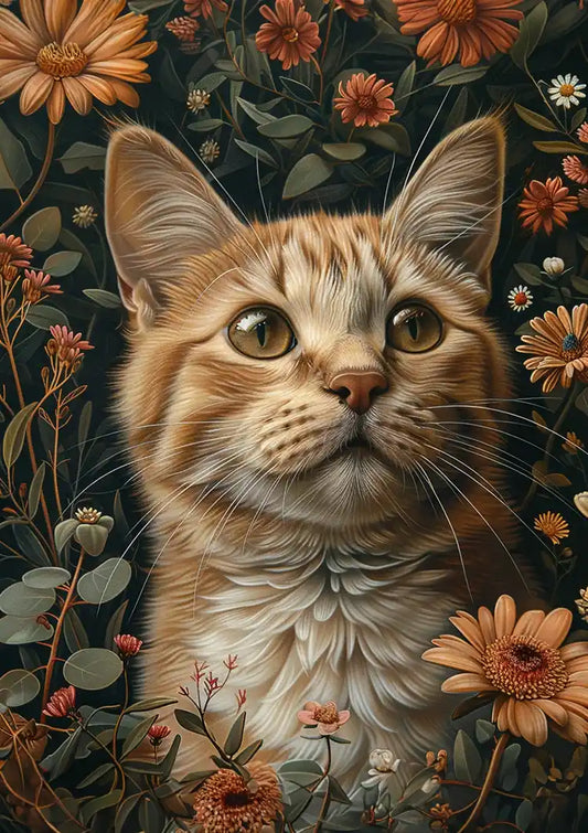 Oranje kat tussen bloemen canvas schilderij in warme oranje tinten