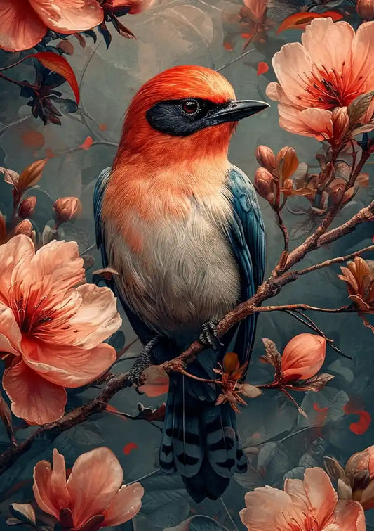 Kleurrijke vogel tussen roze bloesem canvas schilderij in roze en blauwe tinten
