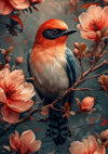 Bunter Vogel auf Ast zwischen rosa Blüten Botanisches Gemälde