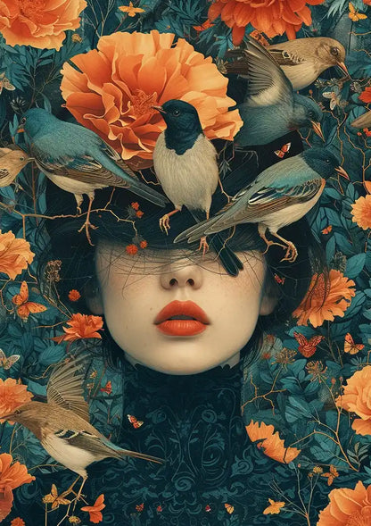 Vrouwenportret Met Oranje Bloemen En Vogels Surrealistisch Schilderij
