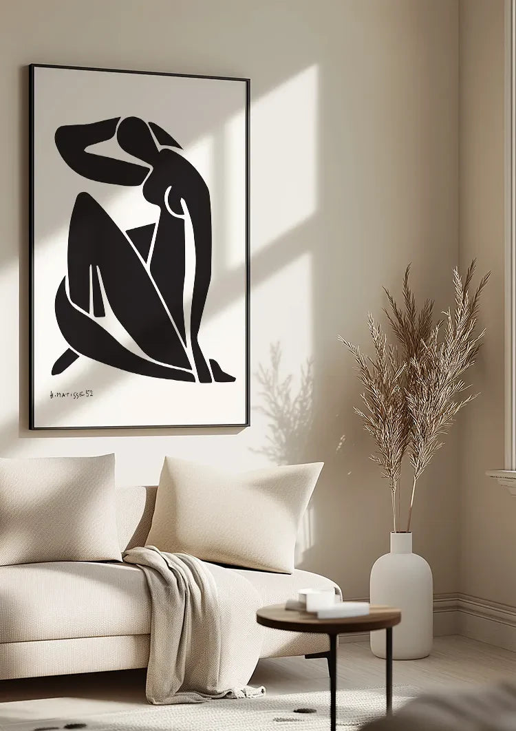 Weibliche Silhouette sitzend Schwarz Weiß Minimalistisch Elegant Gemälde