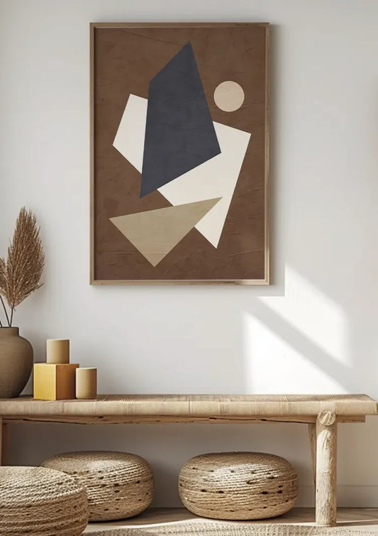 Abstracte geometrische vormen canvas schilderij aan de muur boven het bed in de slaapkamer