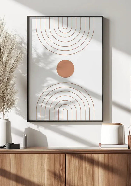Terracotta cirkel met bogen canvas schilderij aan de muur in de hal