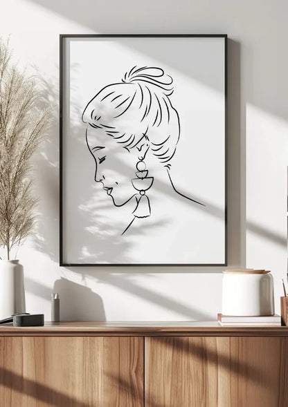 Vrouw Profiel Opgestoken Haar Oorbel Lijntekening Elegant Portret Schilderij