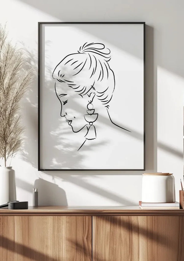 Vrouw Profiel Opgestoken Haar Oorbel Lijntekening Elegant Portret Schilderij
