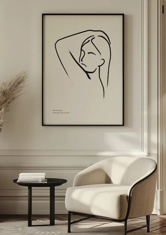 Vrouw met arm omhoog canvas schilderij aan de muur boven het bed in de slaapkamer