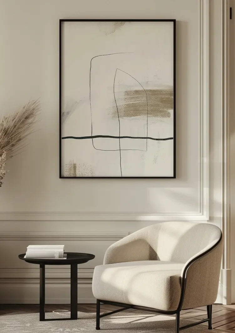 Beige horizontale Pinselstriche Schwarze Linien Abstrakt Minimalistisches Gemälde