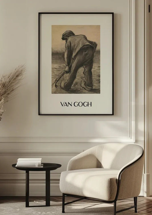Boer met Bezem Van Gogh Stijl Schets Beige Achtergrond Canvas Schilderij