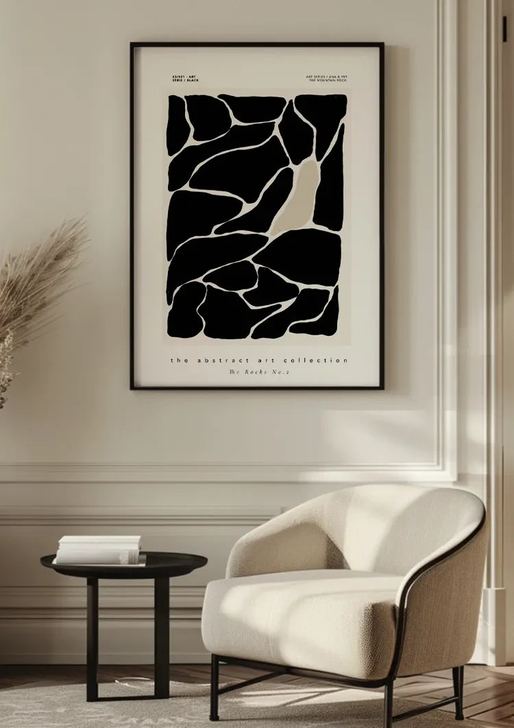 Abstrakte schwarze Felsen, weiße Linien, organisches modernes Gemälde