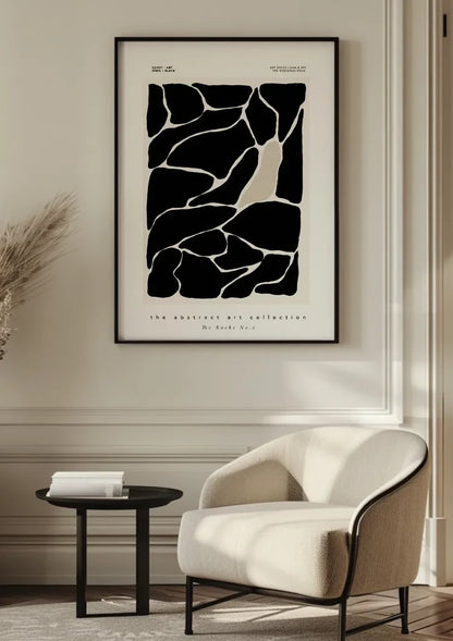 Abstrakte schwarze Felsen, weiße Linien, organisches modernes Gemälde
